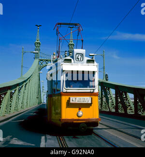 Le Pont de la liberté, vert jaune avec le tram, à Budapest, capitale de la Hongrie Banque D'Images