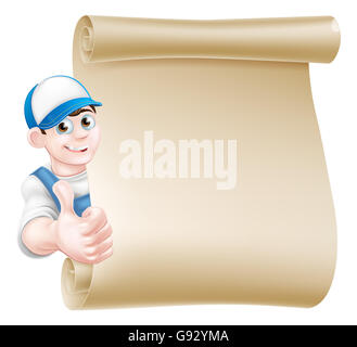 Un dessin animé, plombier, mécanicien, bricoleur ou jardinier décorateur leaning autour d'une molette et en donnant un coup de pouce Banque D'Images