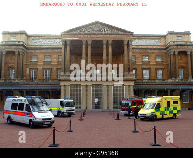 Des véhicules d'intervention d'urgence se rassemblent dans le quadrilatère de Buckingham Palace, dans le centre de Londres, le mardi 14 février 2006. Des véhicules d'intervention d'urgence ont été mis en place pour se rassembler au palais avant la réception des services d'urgence et d'intervention en cas de catastrophe de demain qui se tiendra au palais de Buckingham sur invitation de la reine Elizabeth II APPUYEZ SUR ASSOCIATION photo. Le crédit photo devrait se lire comme suit : Johnny Green/WPA Rota/PA. Banque D'Images