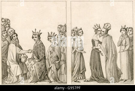 Gravure ancienne, vers 1860, illustrant la visite de Charles IV, empereur romain germanique à la reine de France Jeanne de Bourbon à l'hôtel de Saint Paul en 1378. Gravure de Charles Vernier (1831). SOURCE : gravure originale. Banque D'Images