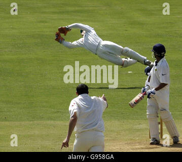 Le gardien de rue Geraint Jones plonge pour tenter de prendre une prise pour licencier le batteur indien Gautham Gambhir, au large du bowling de Steve Harmison pendant la deuxième journée du match contre le XI du président de la Commission indienne au terrain de cricket de l'IPCL, Baroda, Inde, le vendredi 24 février 2006. Voir PA Story CRICKET England. APPUYEZ SUR ASSOCIATION photo. Crédit photo devrait se lire: Rebecca Naden/PA. Banque D'Images