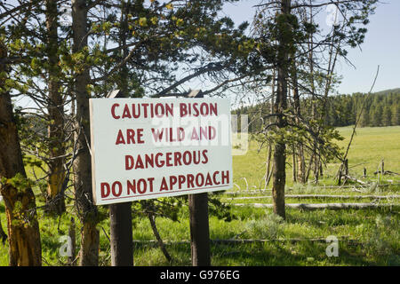 Panneau d'avertissement de bison à Hayden Valley dans le Parc National de Yellowstone. Banque D'Images