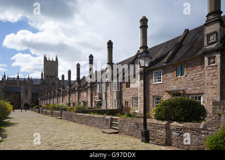 Doublure de chalets, près d'un des vicaires de la rue médiévale datant de 1363, à la cathédrale de Wells, à Wells, Somerset, Angleterre Banque D'Images