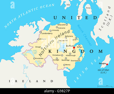 Carte politique de l'Irlande du Nord à Belfast, la capitale et les villes frontières nationaux. L'Irlande du Nord fait partie du Royaume-Uni. Banque D'Images