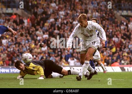 Football - FA Carling Premiership - Leeds United / Sheffield mercredi.Alan Smith de Leeds United arrondit le gardien de but Pavel Srnicek de Sheffield mercredi pour marquer son but d'ouverture Banque D'Images