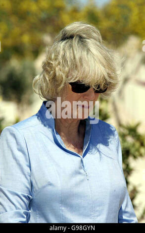 La duchesse de Cornouailles lors d'une visite au cimetière des graves de guerre du Commonwealth à El Alamein, Égypte, le vendredi 24 mars 2006. La duchesse de Cornwall a rendu hommage aujourd'hui aux camarades de son père qui sont morts devant lui à la suite de la bataille d'El Alamein. Le major Bruce Shand, aujourd'hui 89 ans, a survécu à l'attaque en novembre 1942, mais a vu périr son opérateur sans fil, le sergent Charles Francis, et le caporal Edward Plant, qui voyageaient dans le même véhicule que lui. Aujourd'hui, au cimetière d'El Alamein Camilla a délicatement placé un bouquet de roses sur les pierres tombales en marbre gris-blanc des deux soldats, Banque D'Images