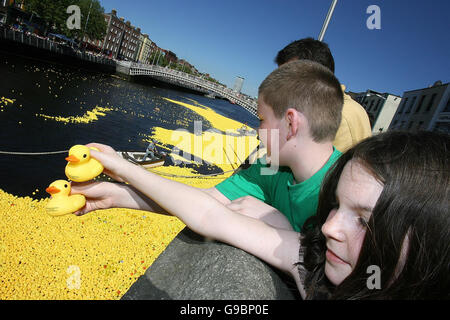 150,000 canards plastiques sont lancés au Millennium Bridge de Dublin, pour se rendre au pont Sean O'Casey, la première tentative irlandaise d'entrer dans le Livre Guinness des records pour la plus grande course de canards plastiques au monde. Banque D'Images