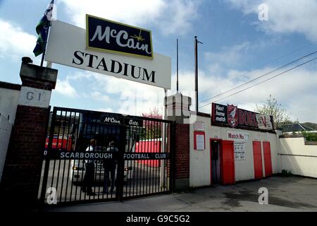 L'entrée principale du McCain Stadium, stade de Scarborough Banque D'Images