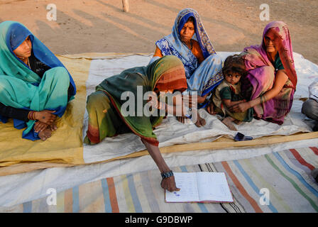 INDE, Madhya Pradesh , microcrédit, femme rurale sauver banque dans le village, analphabètes non instruites femmes Adivasi signer avec le pouce pour leur épargne, l'autonomisation des femmes, la tribu de Bhil, ST Tribe planifié Banque D'Images