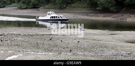 Un bateau voyage le long de la Tamise à Isleworth, aujourd'hui après que l'Agence de l'environnement a réduit le débit d'eau au-dessus de Teddington Weir. En raison des précipitations exceptionnellement faibles au cours des 20 derniers mois, l'approvisionnement en eau souterraine des tronçons supérieurs de la rivière a été fortement réduit. Banque D'Images