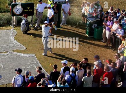 Le golfeur numéro un mondial Tiger Woods en action lors d'une séance d'entraînement au Royal Liverpool Golf Club, Hoylake. Banque D'Images