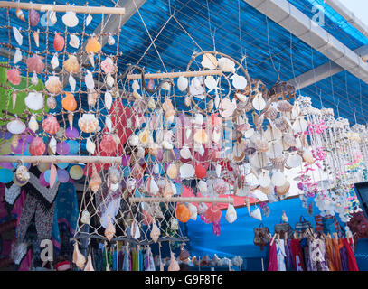 Shell Wind Chimes dans une cabine de plage sur l'île de Pserimos, du Dodécanèse, Grèce, région sud de la Mer Egée Banque D'Images