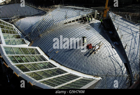 Fichier de bibliothèque photo daté du 24/03/2004 de la vue sur le bâtiment du nouveau Parlement écossais à Édimbourg, à partir de 100 pieds au-dessus du site. Banque D'Images