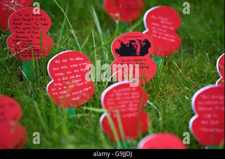 Coquelicots commémoratifs placés devant le musée de Thiepval avant la Commémoration du centenaire de la bataille de la somme à la Commonwealth War Graves Commission Thiepval Memorial à Thiepval, la France, où 70 000 soldats britanniques et du Commonwealth sans tombe connue sont commémorés. Banque D'Images