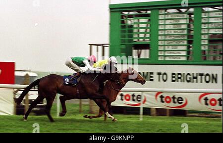 5.00 @ Brighton, The Brighton and Hove Albion Maiden Stakes Post Box (3), monté par Richard Hughes, vient en deuxième place, English Harbour, monté par Michael Hills Banque D'Images