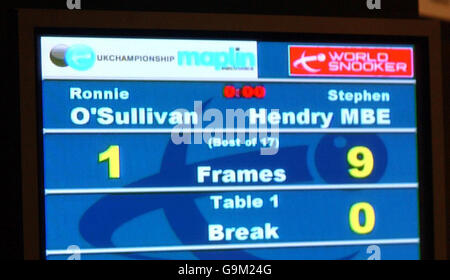 Tableau de bord après que Ronnie O'Sullivan ait concédé à Stephen Hendry en Écosse lors des championnats de snooker de Maplin au York Barbican Center, York. Banque D'Images