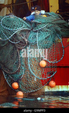 Les discussions sur les quotas de poisson sont sur le long terme.Un pêcheur travaille à Pittenweem sur la côte est de l'Écosse. Banque D'Images