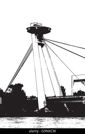 Pont SNP à Bratislava, capitale de la République slovaque. Destination de voyage. Thème de l'architecture. Croquis en noir et blanc. Illustration de Vecteur