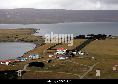 Îles Falkland.Vue aérienne de San Carlos, îles Falkland. Banque D'Images