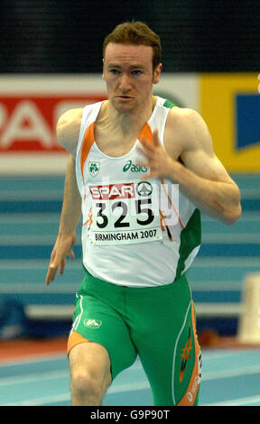 Athlétisme - Championnats européens d'athlétisme en salle 2007 - National Indoor Arena - Birmingham.Paul Hession en Irlande au 60m lors des championnats européens d'athlétisme en salle à la National Indoor Arena de Birmingham. Banque D'Images