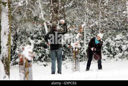 Un couple participe à un combat de boules de neige à Virginia Water, Surrey. Banque D'Images