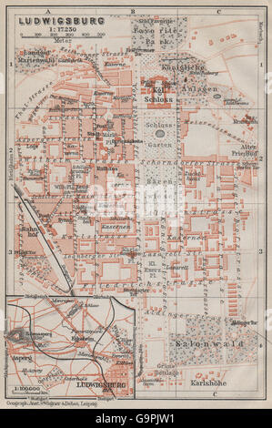 Ville stadtplan ville de Ludwigsburg. Le Bade-Wurtemberg. Schloss karte, 1910 map Banque D'Images