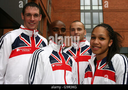 Rob Tobin, Mohammed Farah, Andy Turner et Amy Harris de la Grande-Bretagne (de gauche à droite) lors d'une conférence de presse de l'équipe de Grande-Bretagne au City Inn, Birmingham. Banque D'Images