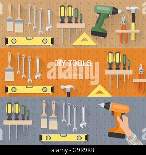 Outils de bricolage pour la menuiserie et rénovation accueil accrochés sur une plaque, bannières set Illustration de Vecteur