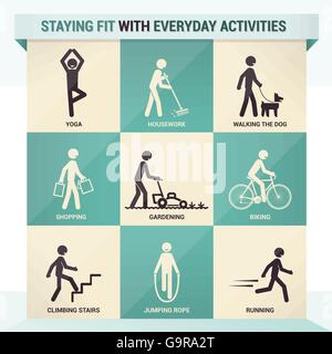 Rester en forme avec des activités quotidiennes et des exercices, figures bâton infographie Illustration de Vecteur