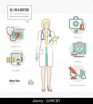 Femme médecin professionnel compétences infographique reprendre avec des outils, l'équipement médical et icons set Illustration de Vecteur