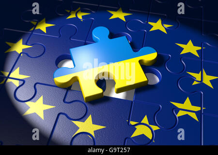 3d illustration des négociations d'adhésion entre l'Ukraine et l'UE symbolisée comme un puzzle Banque D'Images