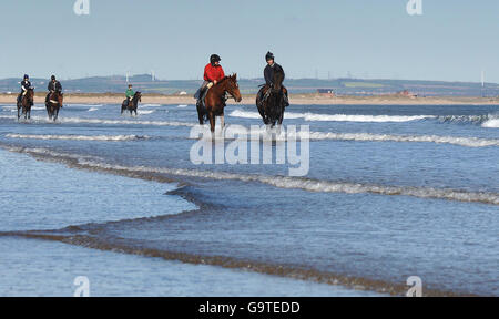 Joes Edge (à droite) et le jockey Graham Lee avec Spring Breeze et le jockey PJ McDonald complètent leur préparation pour le Grand National, sur la plage de Redcar à Cleveland. Banque D'Images