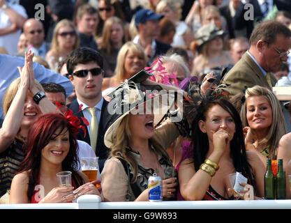 Les Racegoers profitent du soleil à l'hippodrome d'Aintree le jour des dames. Banque D'Images