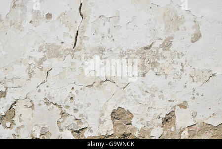 Texture de fond de l'ancien mur de plâtre peint en blanc sale avec des fissures, des lacunes et des groupes grunge stains Banque D'Images