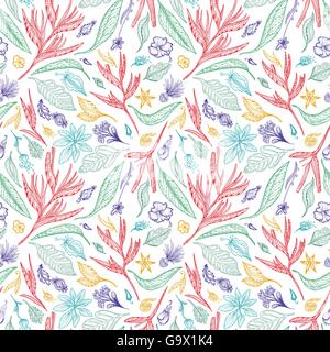 Doodle transparente texture avec des plantes exotiques, des fleurs et des feuilles de couleurs pastel sur fond blanc Illustration de Vecteur