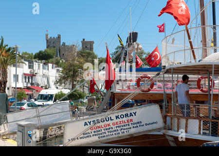 Promenade du port avec vue sur le château, drapeaux turcs, bateau de tourisme, Bodrum, Mugla, Turquie, Asie Banque D'Images