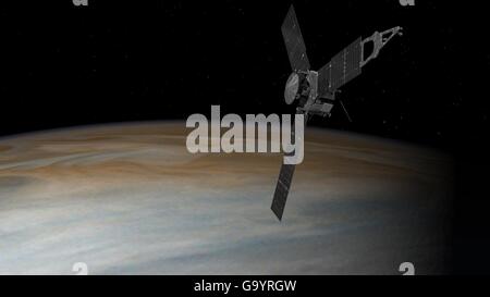 Artistes illustration de l'espace de la NASA la sonde Juno en orbite autour de Jupiter, le 4 juillet 2016 à Pasadena, en Californie. La mission Juno a lancé le 5 août 2011 et avec succès sur orbite autour de la planète où il restera pendant 20 mois pour recueillir des données sur le noyau planétaire, la carte du champ magnétique, et de mesurer la quantité d'eau et d'ammoniac dans l'atmosphère. © Planetpix/Alamy Live News Banque D'Images