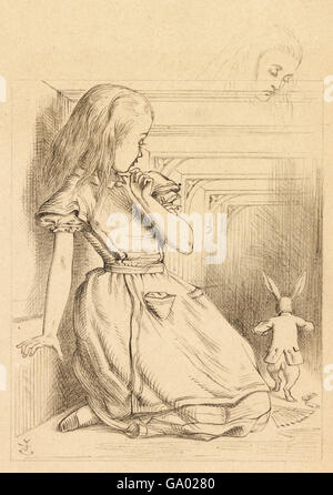 Alice au pays des merveilles. « The Rabbit scurried », une illustration de Sir John Tenniel pour « Alice in Wonderland » de Lewis Carroll, montrant Alice et le lapin blanc. Dessin au crayon sur papier, c.1866. Banque D'Images