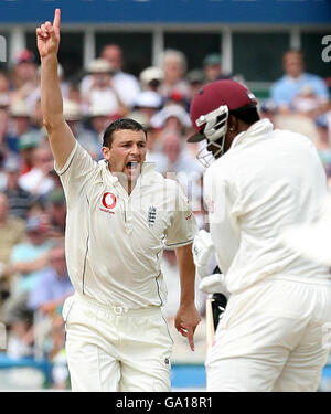 Steve Harmison, de l'Angleterre, célèbre la participation au cricket de Chris Gayle des West Indies lors du match du troisième test de npower à Old Trafford, Manchester. Banque D'Images