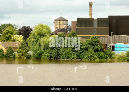 Jouer dans les champs sous l'eau près de la brasserie John Smith's Brewery à Tadcaster, dans le North Yorkshire, où la rivière Wharfe a fait éclater ses berges. Banque D'Images