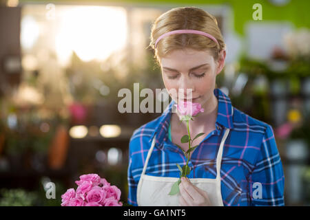 Female florist smelling pink rose Banque D'Images