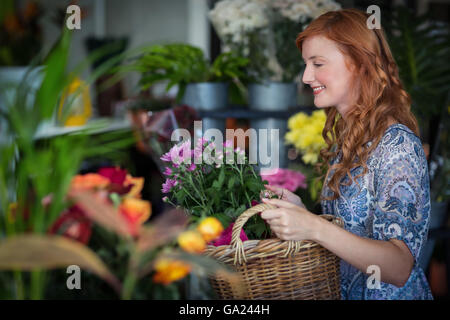 Female florist holding panier de fleurs Banque D'Images