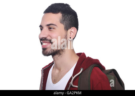 Close up of young l'homme avec sac à dos. Isolé sur fond blanc. Banque D'Images