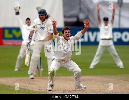 Le joueur d'Essex Ryan Ten Doeschate lance un appel sans succès pour la cricket de Ryan Sidebottom dans le Nottinghamshire lors du deuxième match de la LV County Championship Division au County Ground, Chelmsford, Essex. Banque D'Images