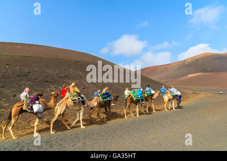 Le Parc National de Timanfaya, LANZAROTE ISLAND - Jan 14, 2015 : Caravane de chameaux avec des touristes dans le Parc National de Timanfaya. La randonnée est très populaire sur l'île de Lanzarote. Banque D'Images