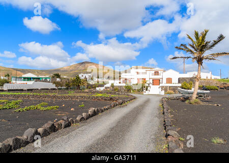 Chemin rural de maisons typiques des Canaries dans paysage volcanique de Lanzarote, îles Canaries, Espagne Banque D'Images