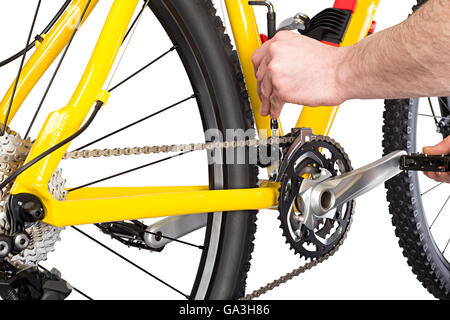 Mécanicien de vélos vtt jaune sur Banque D'Images