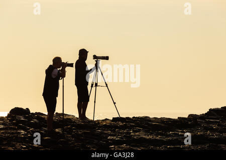 Des photographes et des caméras trépieds silhouetté sur roches non identifiés plage vintage sépia Noir et blanc. Banque D'Images