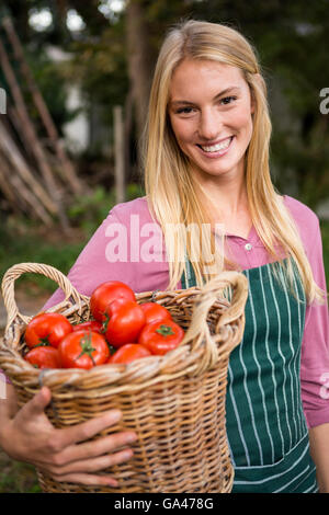 Portrait of happy gardener transportant des tomates panier au jardin Banque D'Images