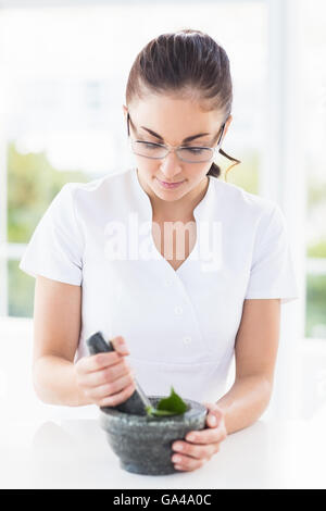 Femme à l'aide de mortier et pilon Banque D'Images